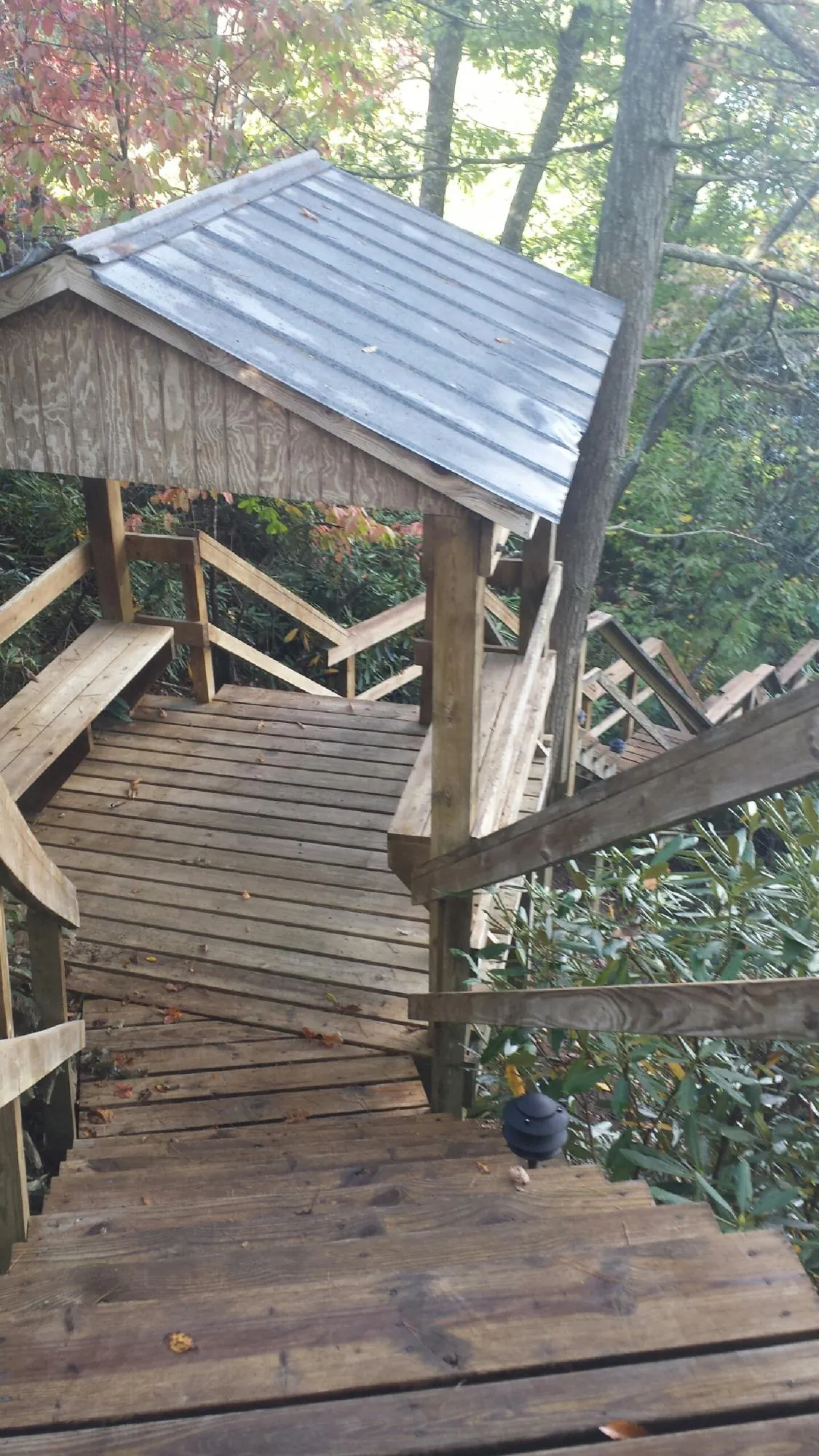 Metal roofed shelter over wooden steps on a wooded walkway — Skylight Repair & Installation work by our crew in Sabina